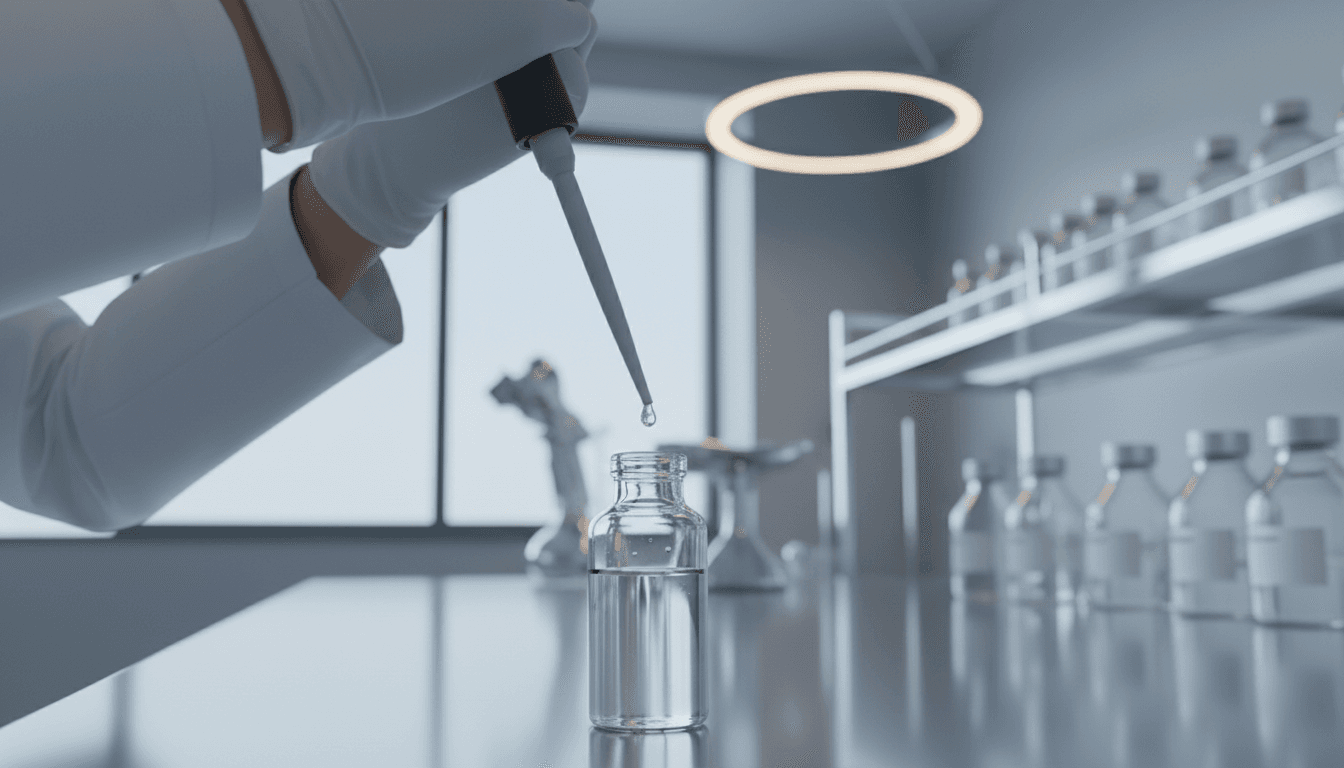 Researcher pipetting sample into research vial in laboratory setting