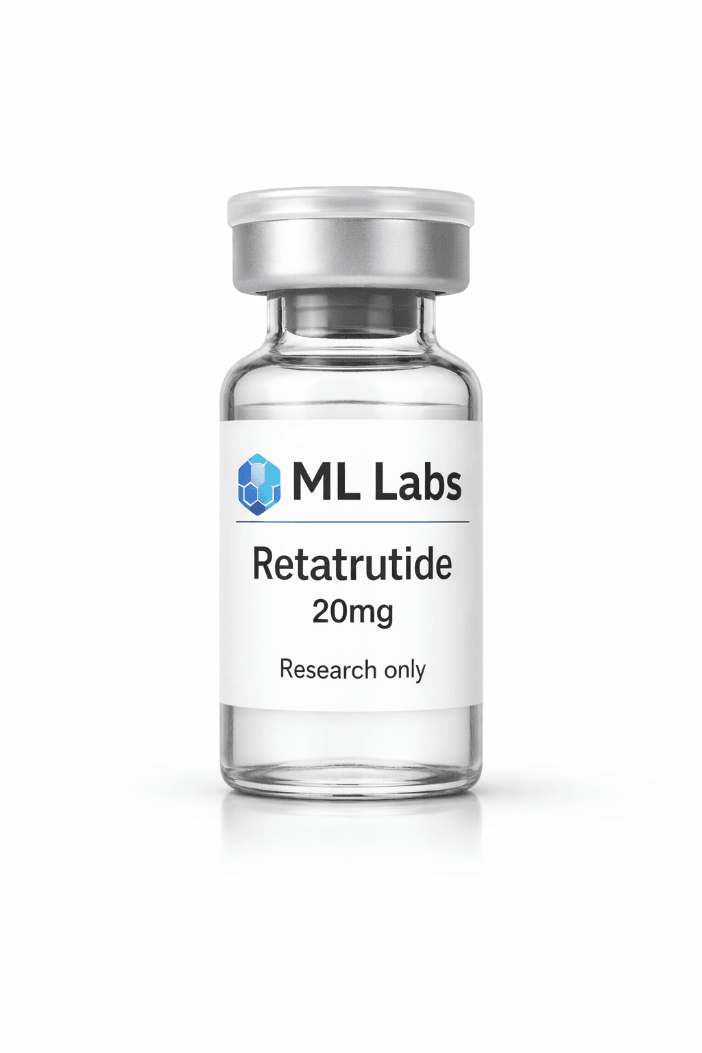 Clear glass vial of Retatrutide 20mg by ML Labs, marked for research only use.